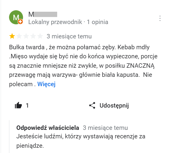 Zła odpowiedź restauratora na opinię klienta
